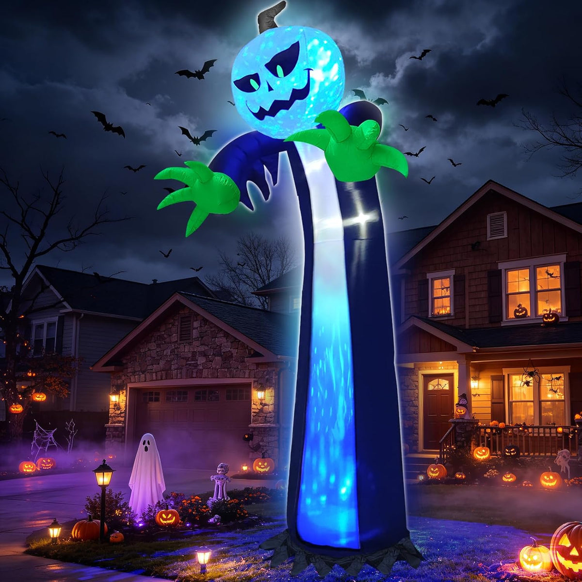 TURNMEON J-12V30W 14-Foot Halloween Pumpkin & Ghost Inflatable – Blue – product detail