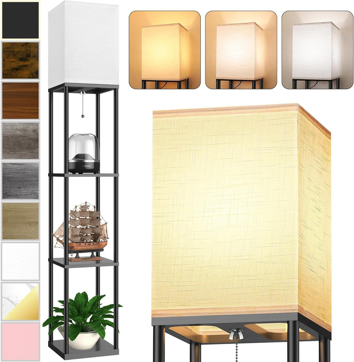 PARTPHONER Shelf Floor Lamp with Three-Color LED Bulb, Black