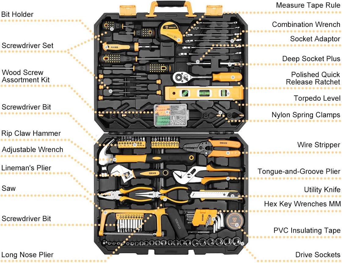 DEKOPRO ET00654 228-Piece Mechanics and Household Tool Set – 228 PCS, Yellow – Yellow / ‎228 PCS – product detail
