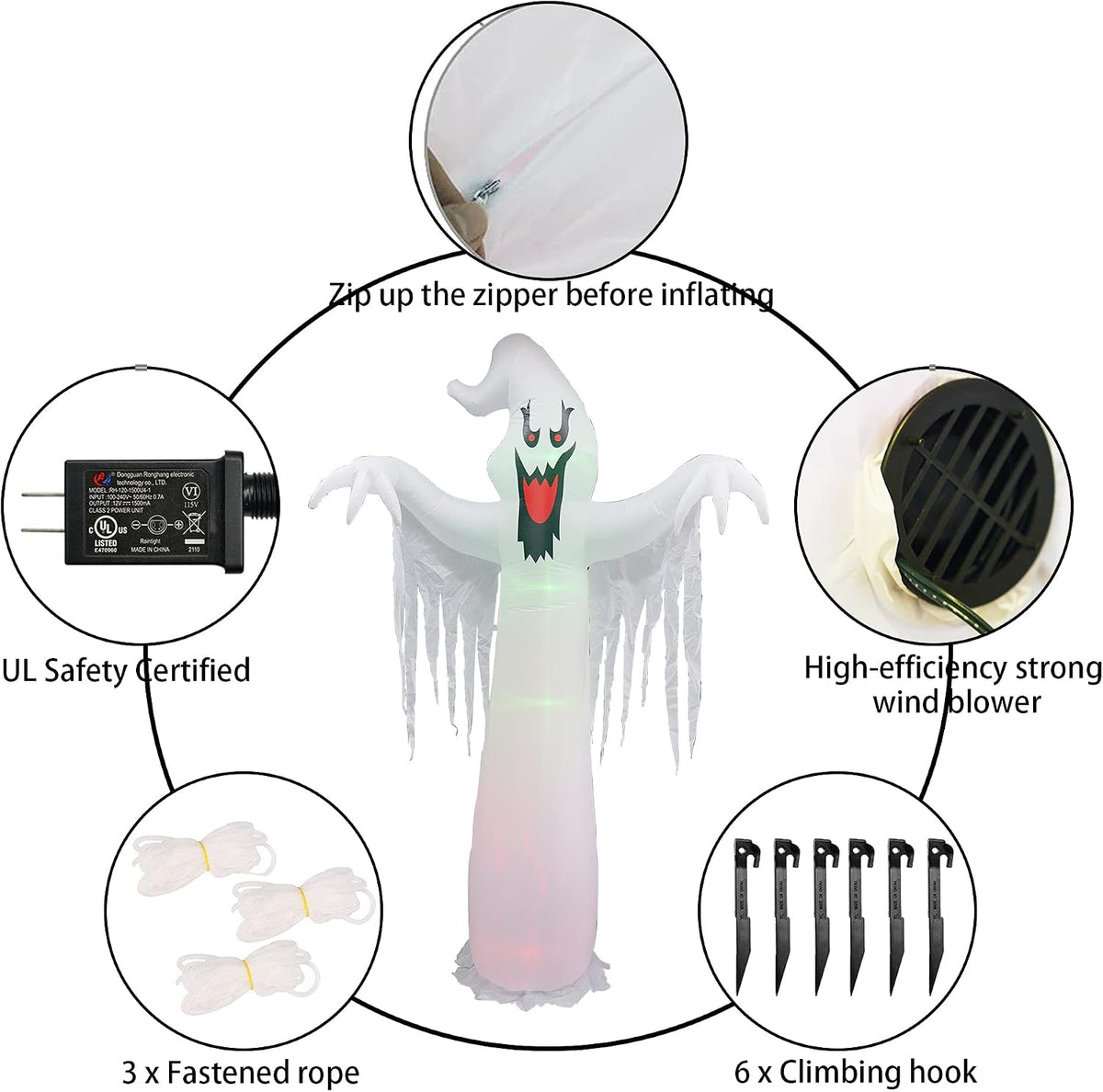Hourleey 9-Foot Halloween Ghost Inflatable – White – product detail