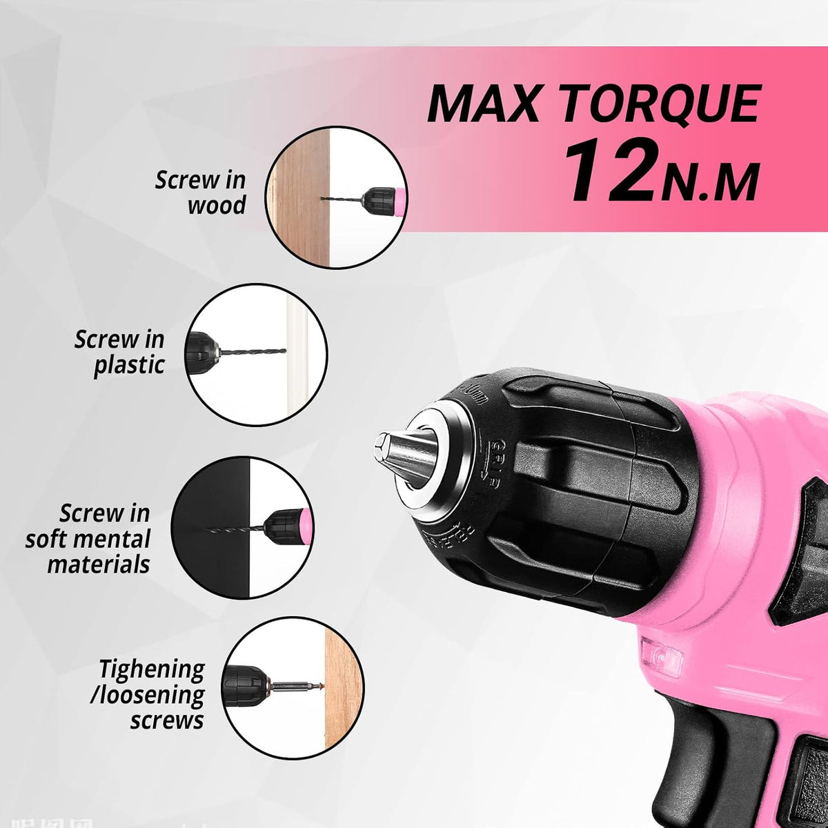 DEKOPRO 126-Piece Cordless Drill and Hand Tool Set – Pink – product detail