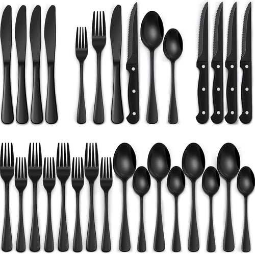 EWFEN Black Flatware with Steak Knives, 24-Piece Set
