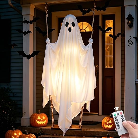 FairyGlim Lighted Halloween Swinging Ghost Decoration – White