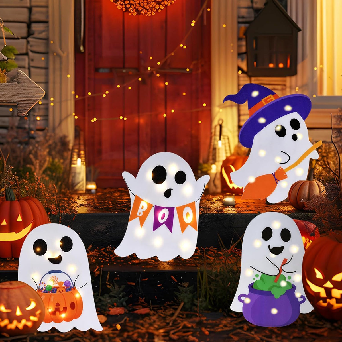 ponlodos Pon-YS-Ghost-2 4-Pack Lighted Halloween Ghost Yard Signs – White – product detail