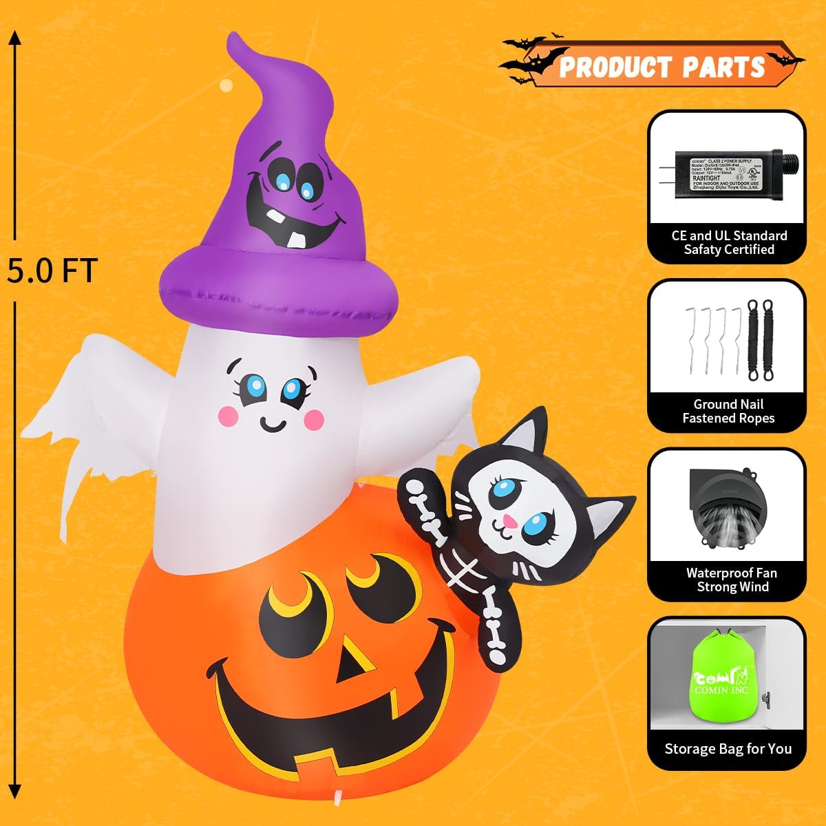COMIN CO-69449 5-Foot Halloween Pumpkin & Ghost & Cat Inflatable – green – product detail