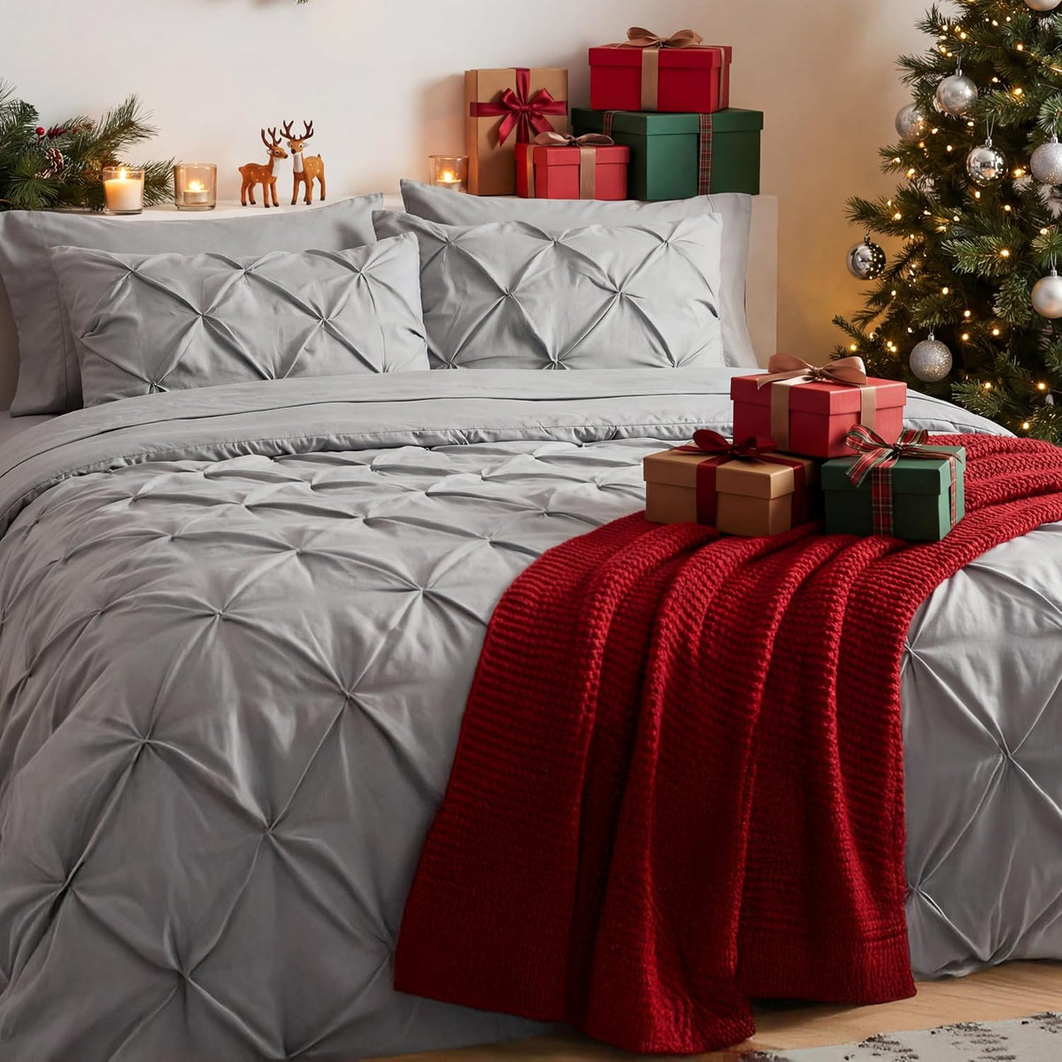 Bedsure Queen Pintuck Bedding Set, 7 Pieces, Grey