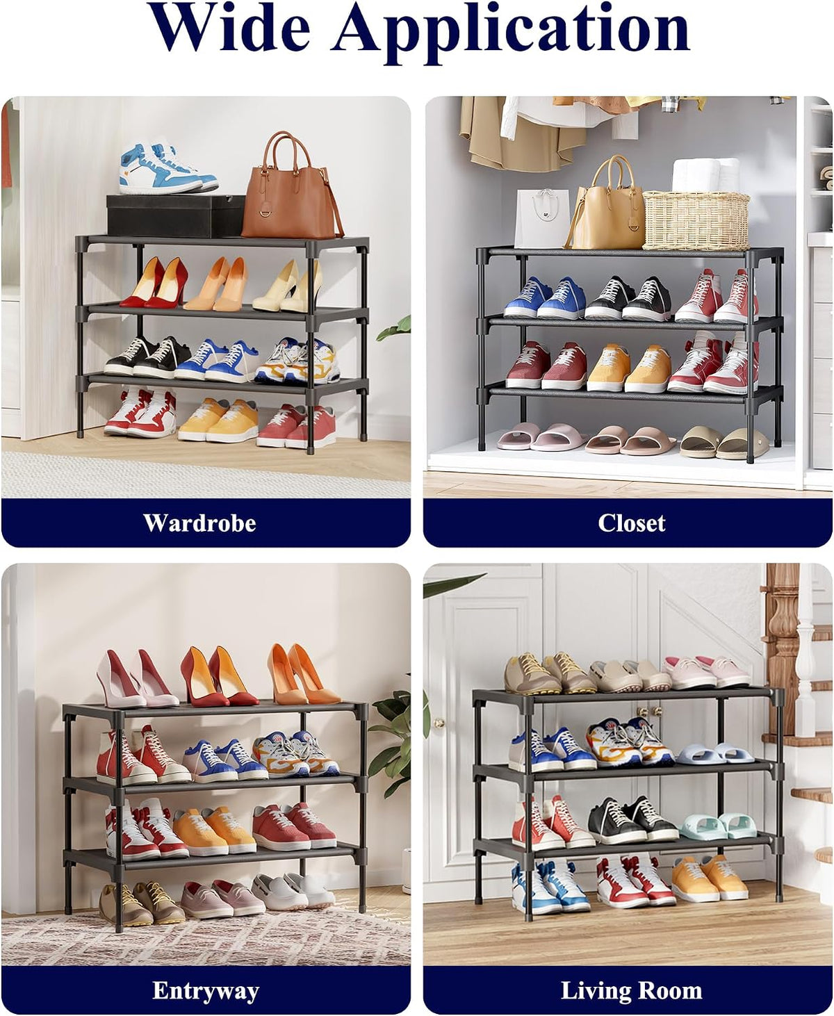 Kitsure Three-Tier Shoe Rack, Black, 27.5 in