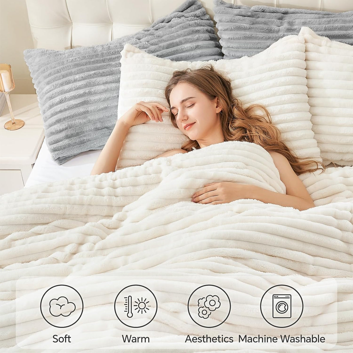 BEDELITE Queen Fleece Comforter Set, Cream White