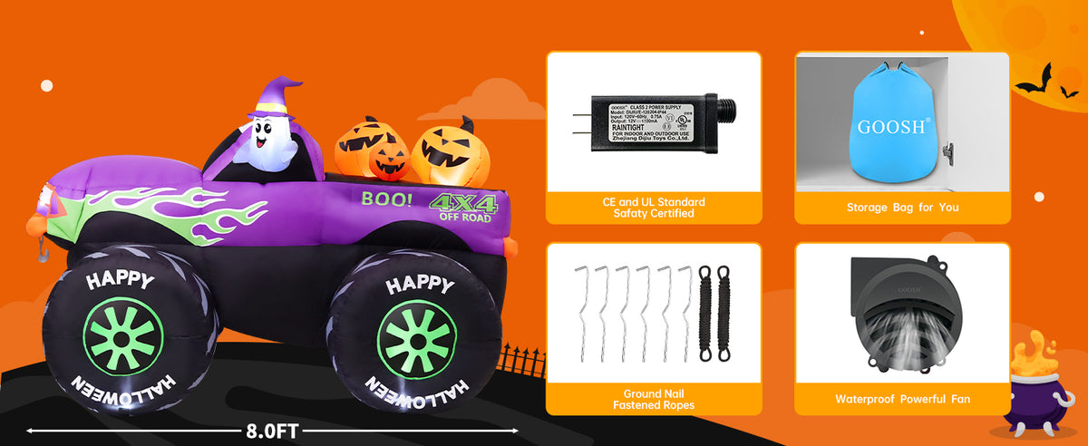 GOOSH 69469 8-Foot Halloween Monster Truck & Ghost & Pumpkin Inflatable – Purple – product detail