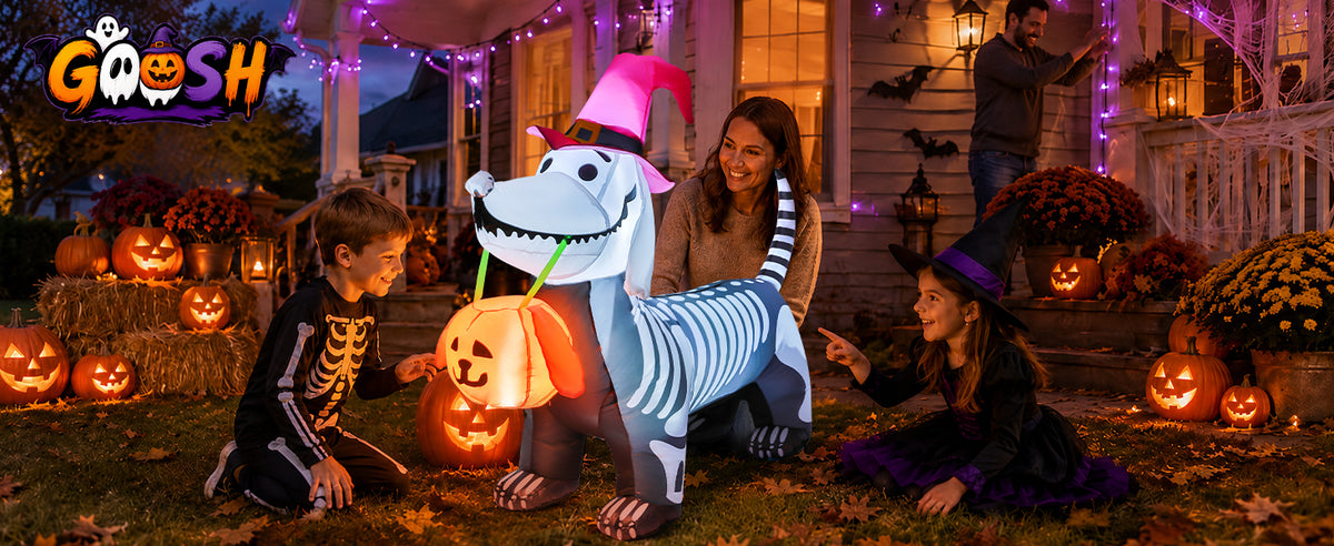 GOOSH 5.5-Foot Halloween Skeleton Dog & Pumpkin Inflatable – White – product detail