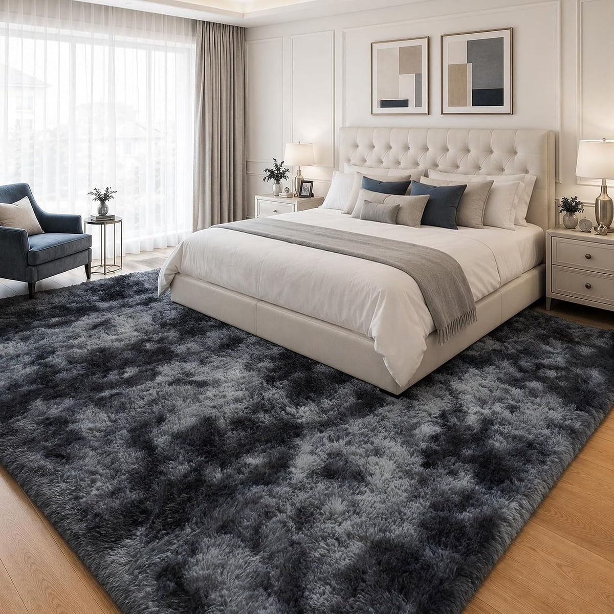 PLHXFR Shag Area Rug, Tie-Dyed Dark Grey, 8 x 10 ft