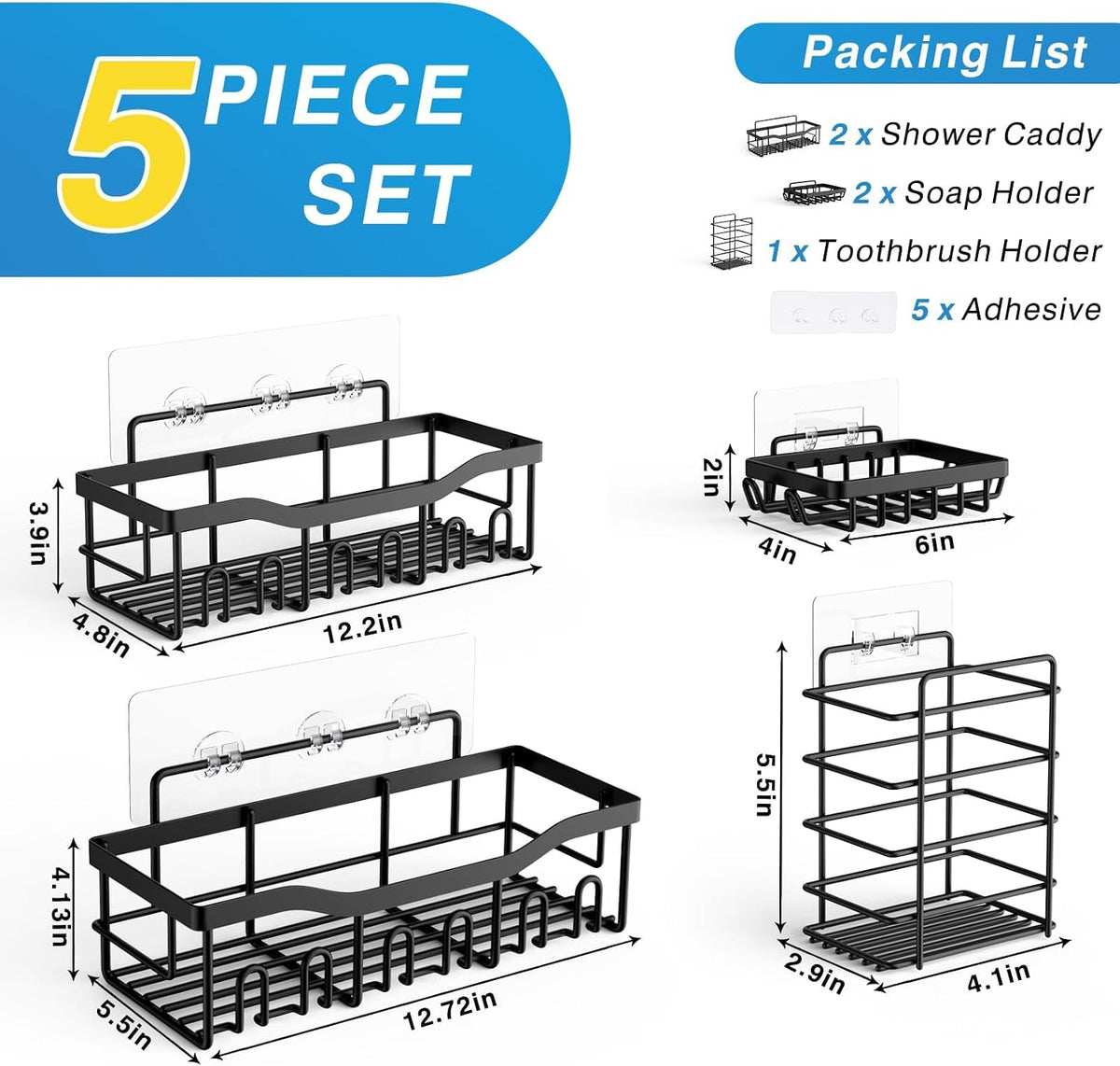 EUDELE Adhesive Bathroom Organizer Set, Black, 5 Pieces