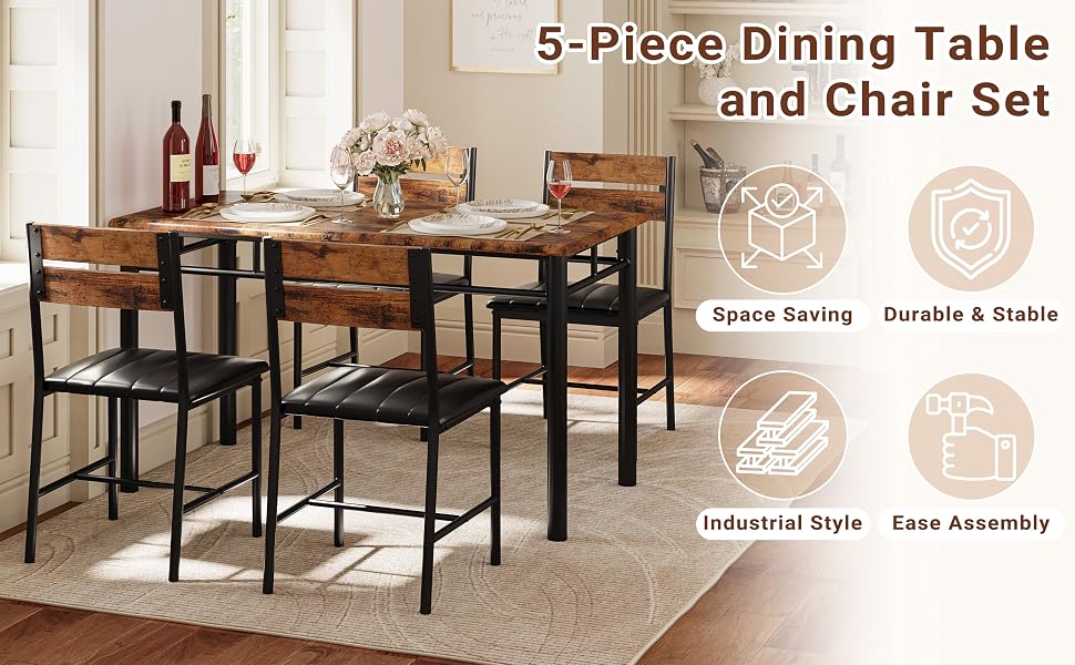 IRONCK Five-Piece Dining Set with Four Chairs, Rustic Brown