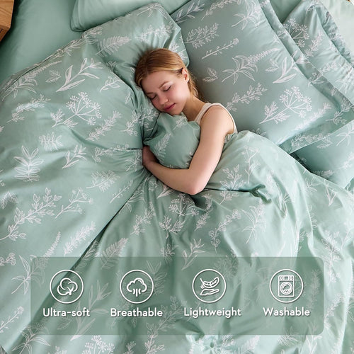 MUXHOMO Duvet Cover Queen Size, 3-Piece Floral Green Bedding Set · 2