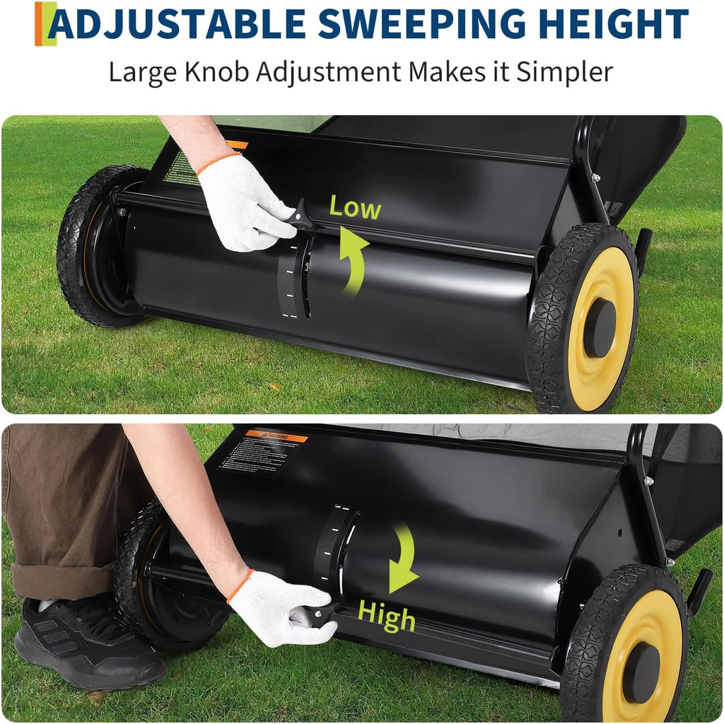 GAOMON 26-Inch Push Lawn Sweeper, Grass, Lawn and Leaf Cleanup Collector with Large 7 cu. ft. Hopper Bag, and Dual Spinning Brushes, Black · 6