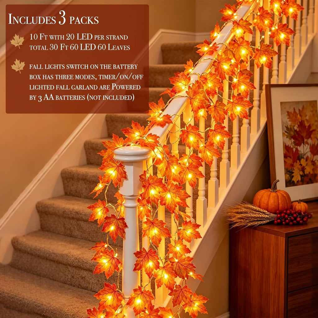 TURNMEON 3-Pack 30-Foot 60-LED Maple Leaf Garland – 30FT-Maple garland, Orange&yellow – 30FT-Maple garland / Orange&yellow – product detail