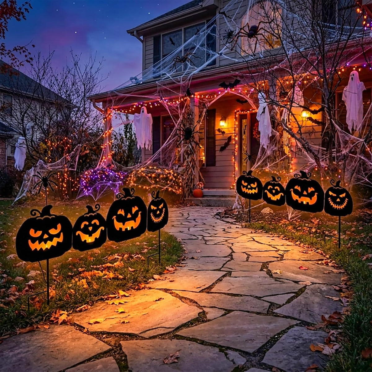 EAMBRITE 806051 4-Pack Lighted Metal Pumpkin Yard Stakes – black – product detail