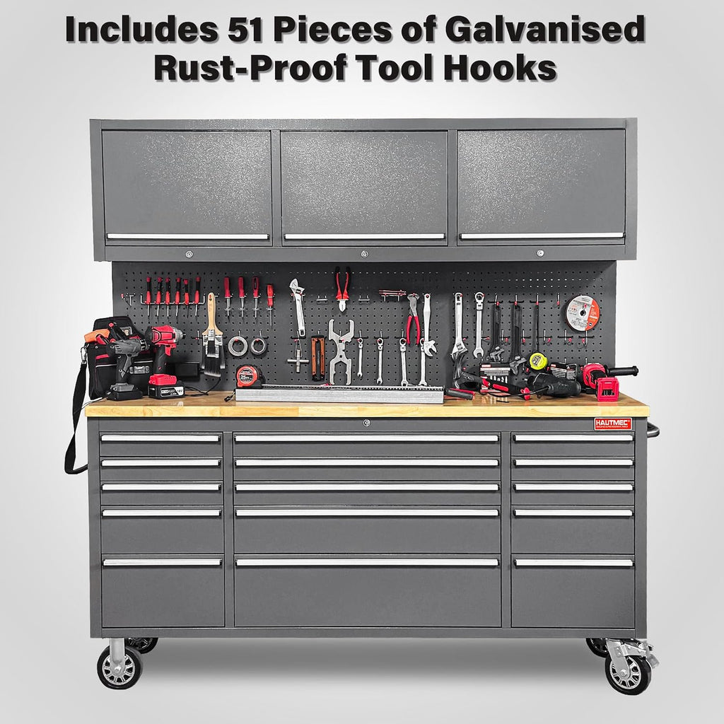 HAUTMEC HT0428-TC 72-Inch Rolling Workbench with 15 Drawers and Upper Cabinets – Gray – product detail
