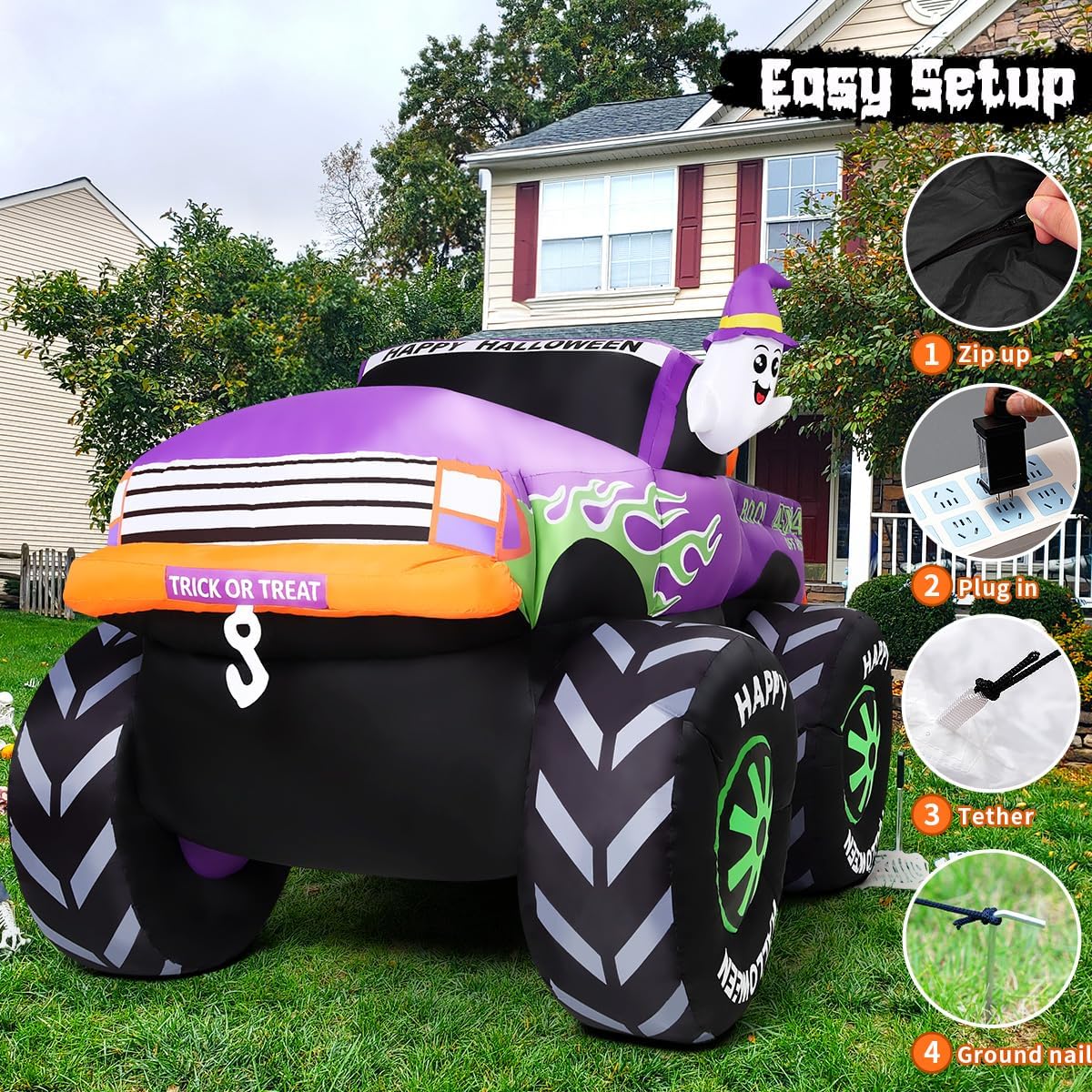 GOOSH 69469 8-Foot Halloween Monster Truck & Ghost & Pumpkin Inflatable – Purple – product detail