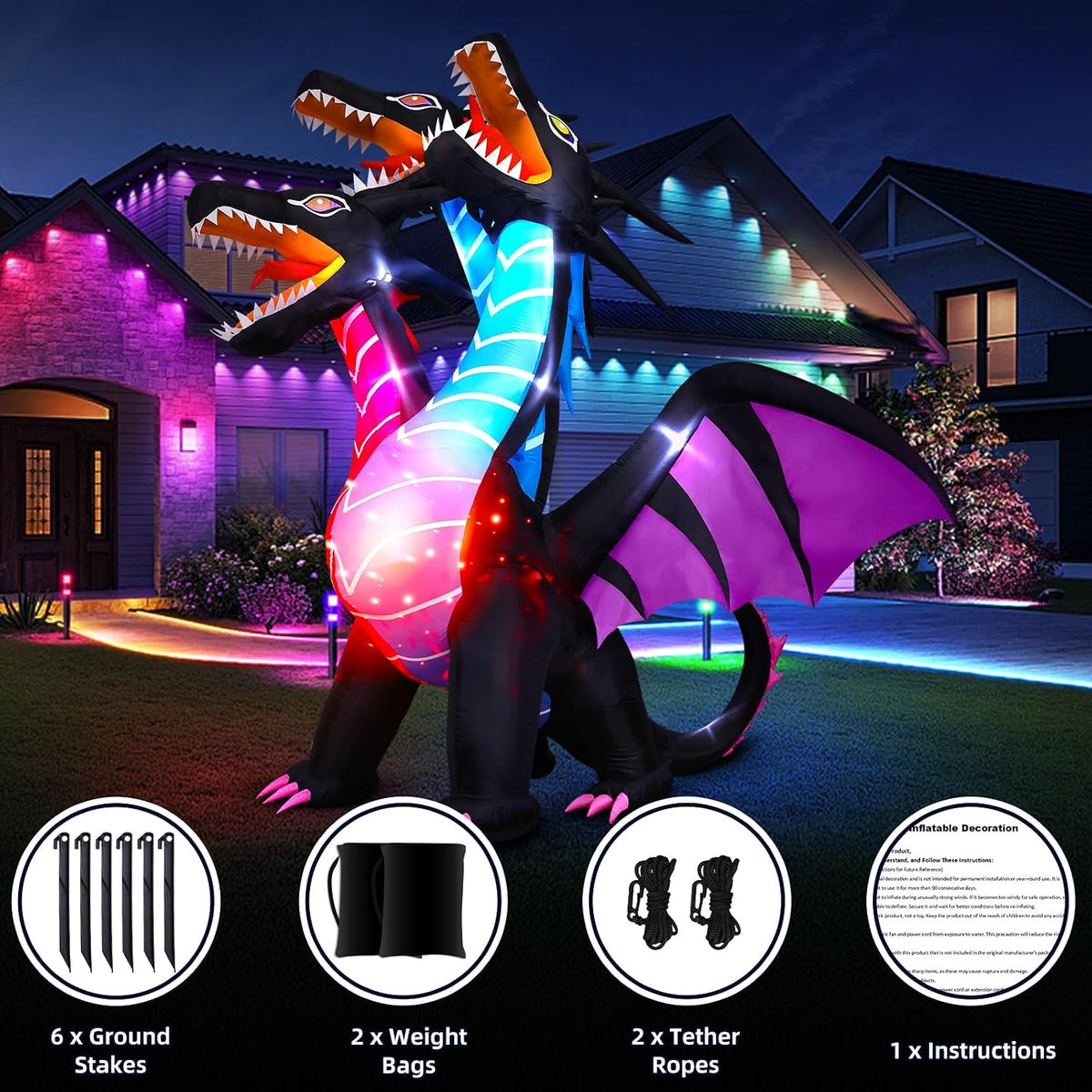 Thuodo FD241 8-Foot Halloween Three-Headed Dragon Inflatable – Black – product detail