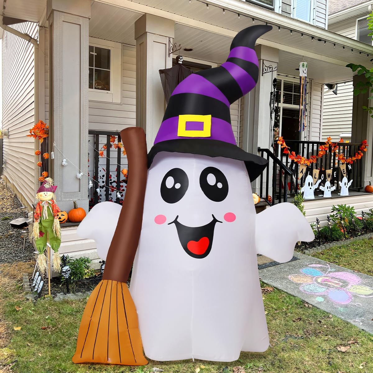GOOSH 69483 6.2-Foot Halloween Ghost with Broom Inflatable – White and Black – product detail