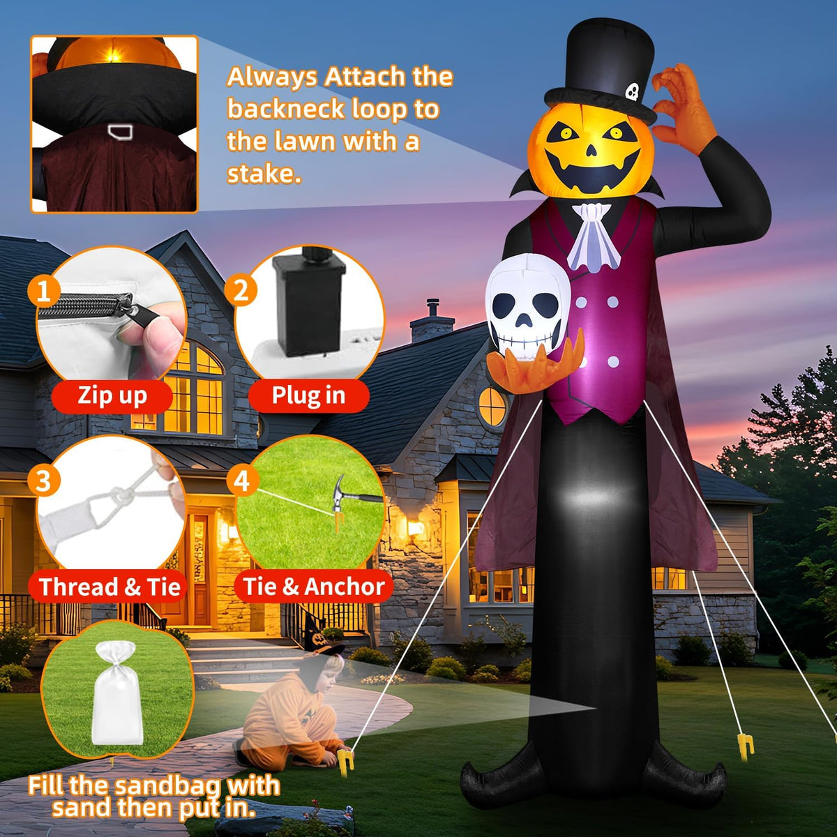 zukakii QM-WS-002 12-Foot Halloween Pumpkin & Ghost & Vampire Inflatable – black – product detail