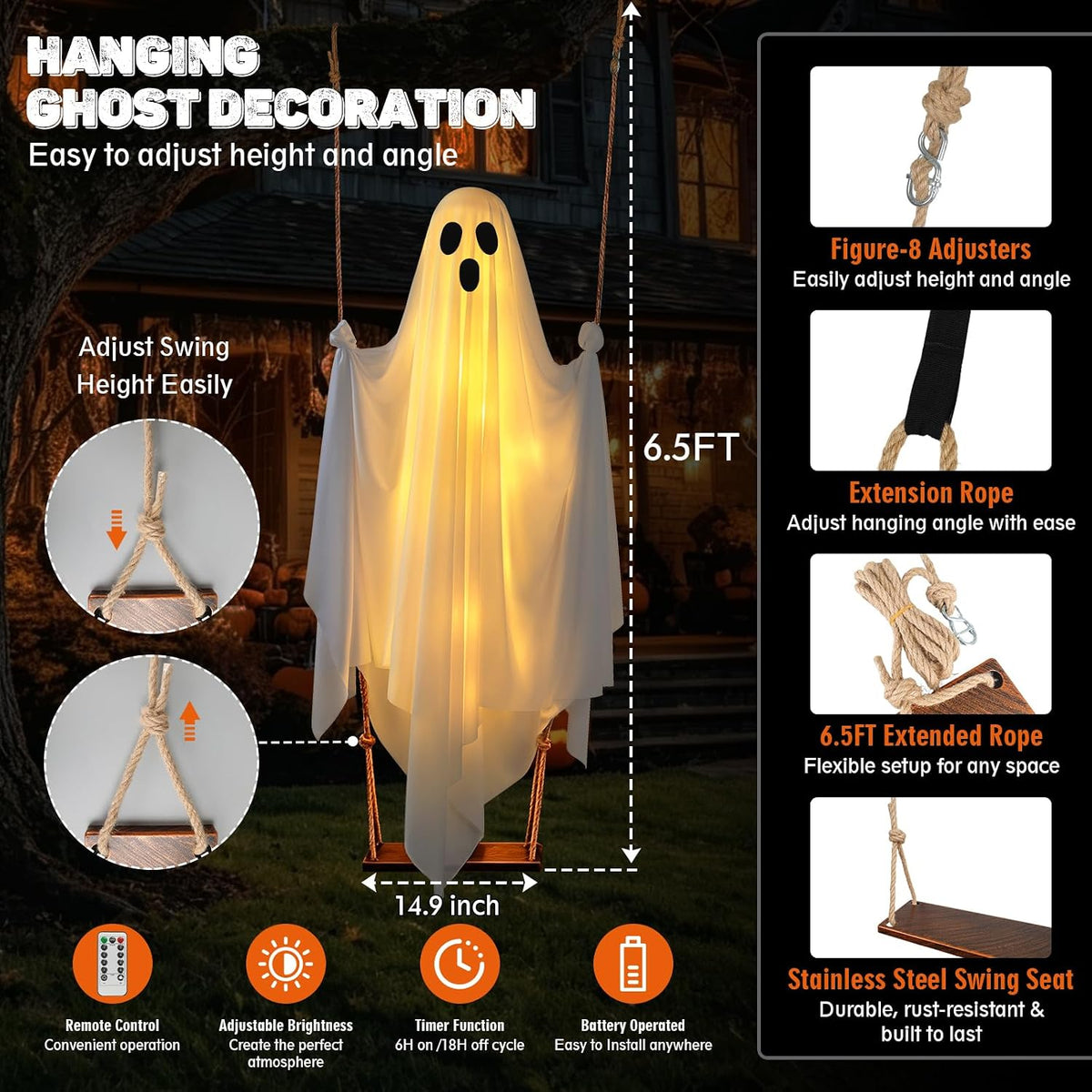FairyGlim Lighted Halloween Swinging Ghost Decoration – White – product detail