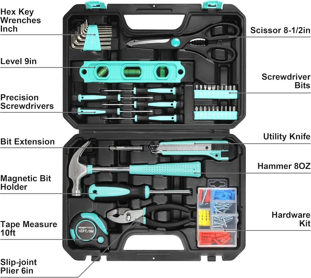 Amazon Basics 142-Piece Household Tool Kit with Storage Case – Turquoise – product detail