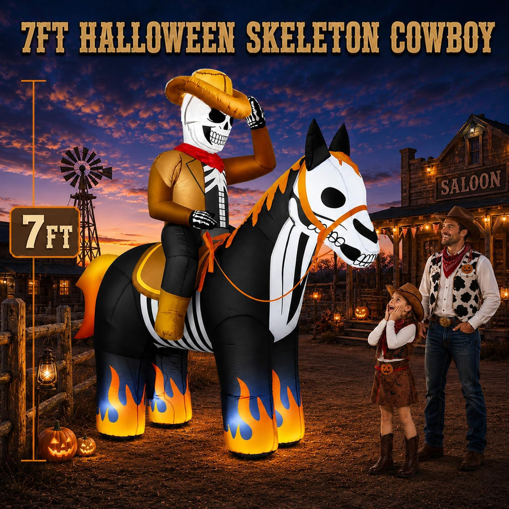 zukakii QM-WS-041 7-Foot Halloween Skeleton Cowboy & Horse Inflatable – Black – product detail