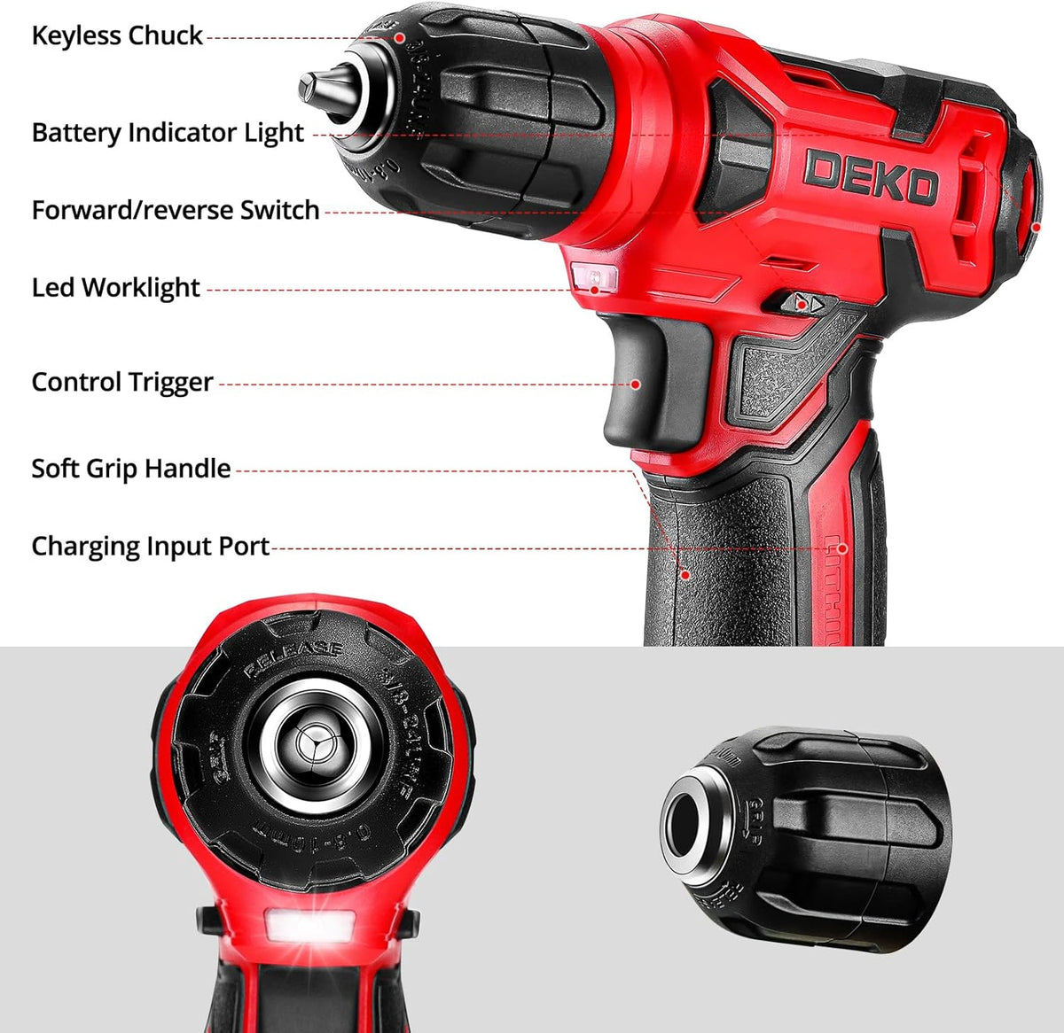 DEKOPRO 126-Piece Cordless Drill and Hand Tool Set – Red – product detail