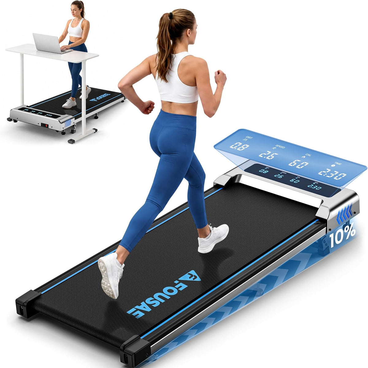 FOUSAE Under-Desk Walking Pad with 10% Incline and LED Display