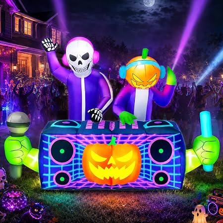 zukakii QM-WS-032 8-Foot Halloween Skeleton & Pumpkin & Ghost Inflatable – Purple