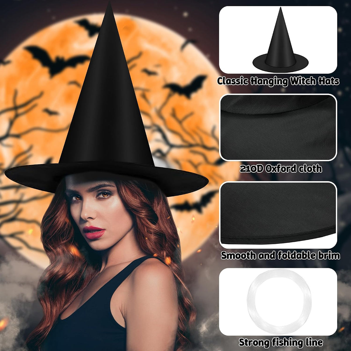 Helimoto 6-Piece Hanging Halloween Witch Hat Set – Black – product detail