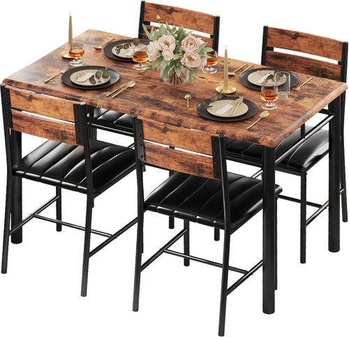 IRONCK Five-Piece Dining Set with Four Chairs, Rustic Brown