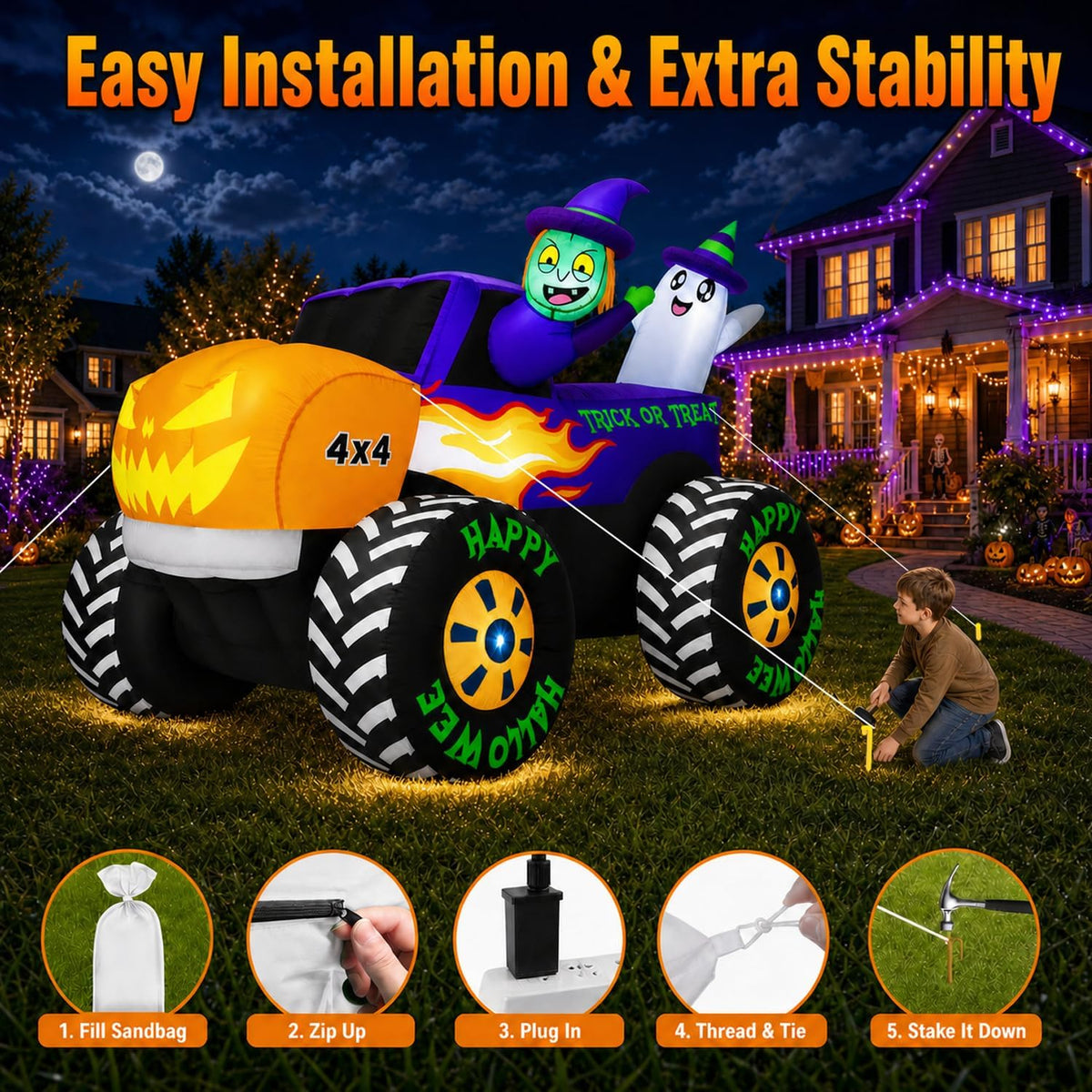zukakii QM-WS-033 8-Foot Halloween Monster Truck & Pumpkin Inflatable – Purple – product detail