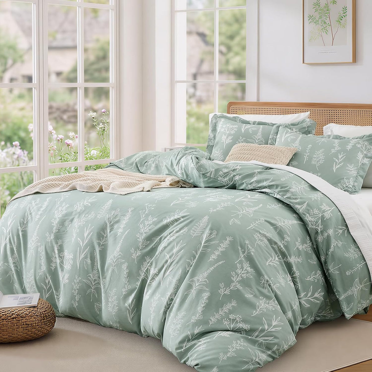 MUXHOMO Duvet Cover Queen Size, 3-Piece Floral Green Bedding Set · 9