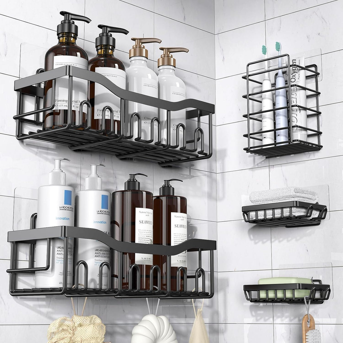 EUDELE Adhesive Bathroom Organizer Set, Black, 5 Pieces