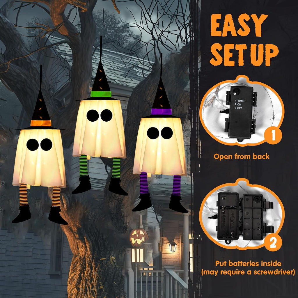JOYIN 17593 3-Pack 23.6-Inch Lighted Hanging Ghosts with Witch Hats – Warm white light with colorful hat – product detail