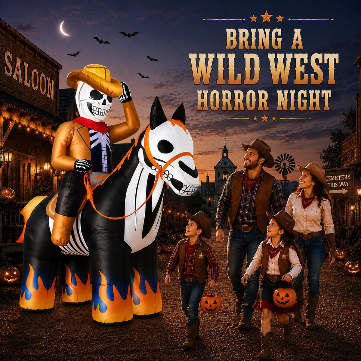 zukakii QM-WS-041 7-Foot Halloween Skeleton Cowboy & Horse Inflatable – Black – product detail