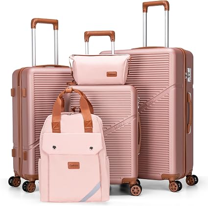 Cosbarn JL-ABS20/24/28SJB-Pink Hardside Luggage Set – 5 Piece Sets (20/24/28/BP/TB), RoseGold