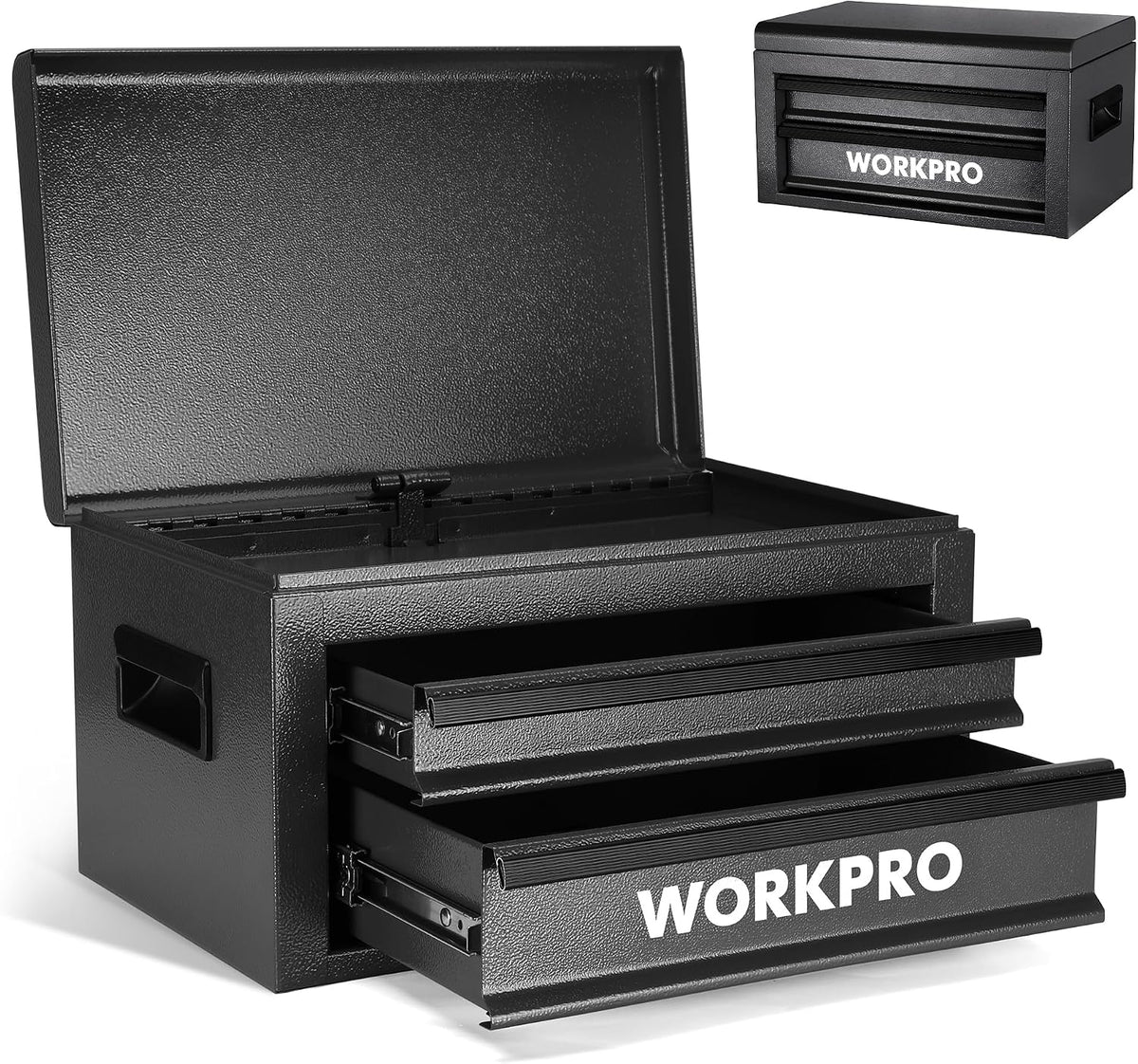 WORKPRO Metal Tool Box with 2 Drawers & Top Storage – 15 or 18 Inch