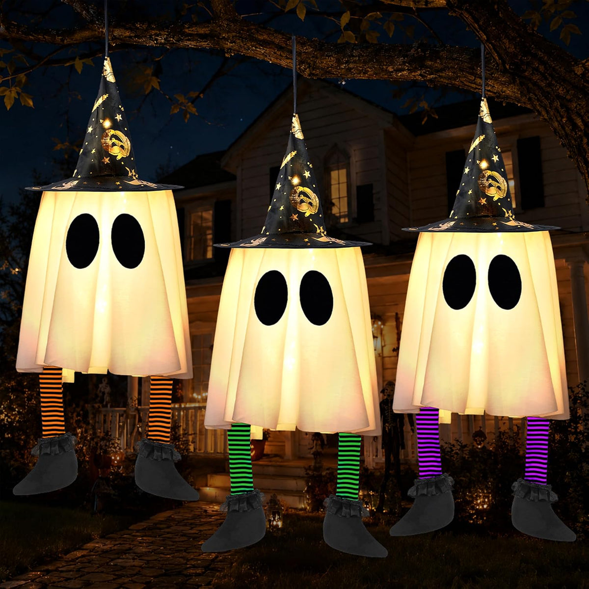 JOYIN 3-Pack 23.6-Inch Light-Up Hanging Ghosts with Witch Hats
