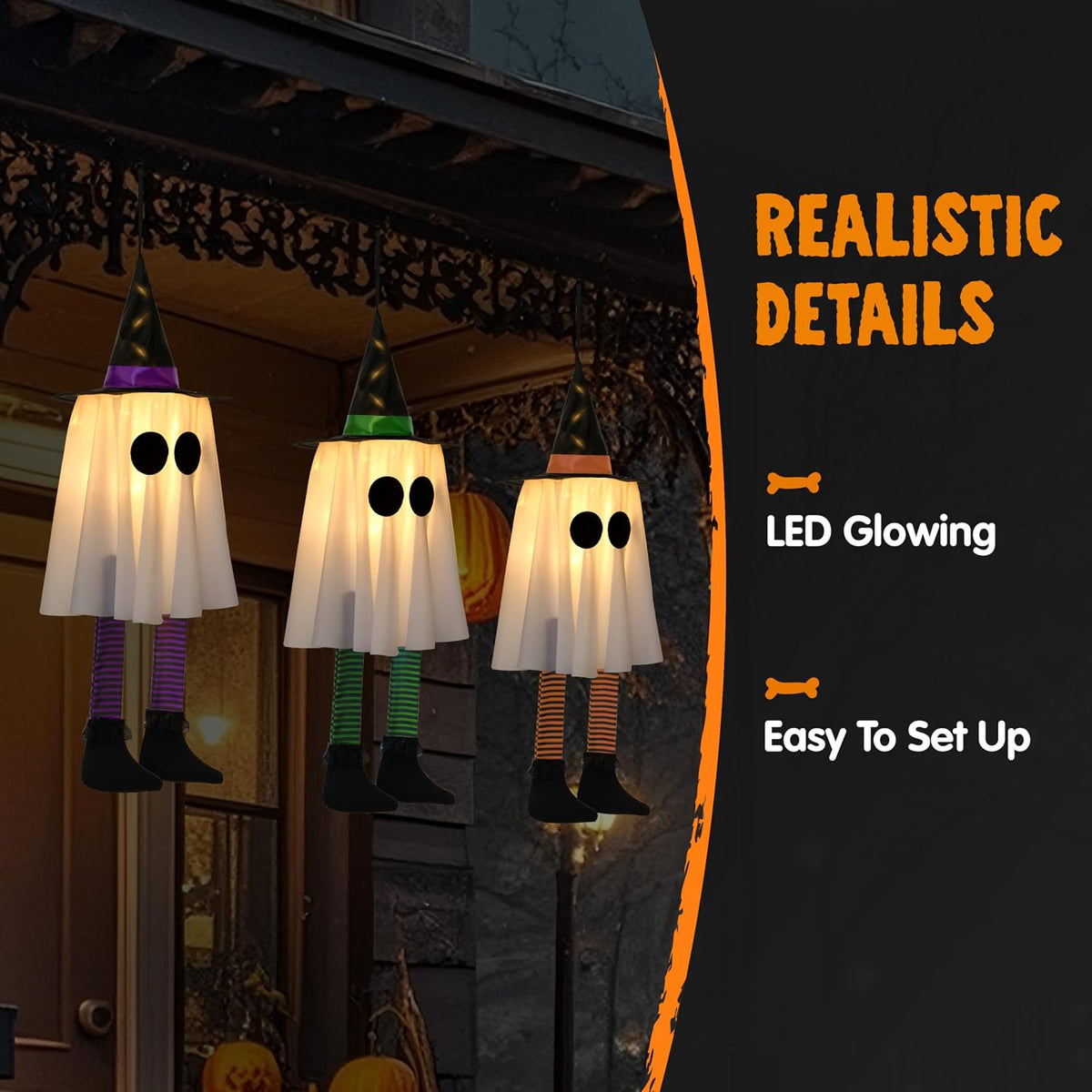 JOYIN 17593 3-Pack 23.6-Inch Lighted Hanging Ghosts with Witch Hats – Warm white light with colorful hat – product detail