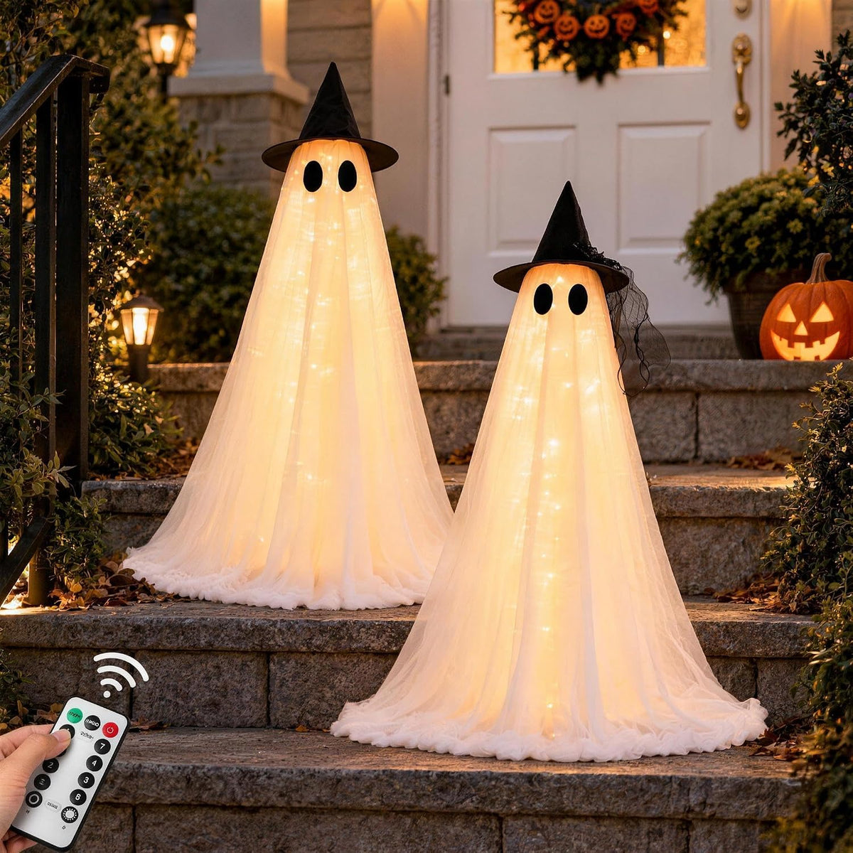 HAPPYCLUB Lighted Halloween Ghost Decor Sets with Remote & Timer