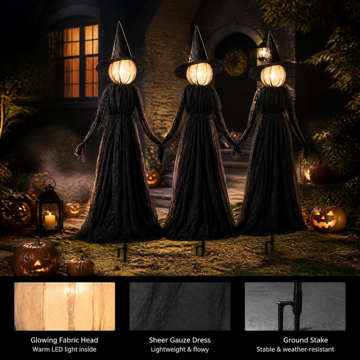 Hourleey 3-Pack 5-Foot Lighted Halloween Witch Stakes – Witch stakes – product detail