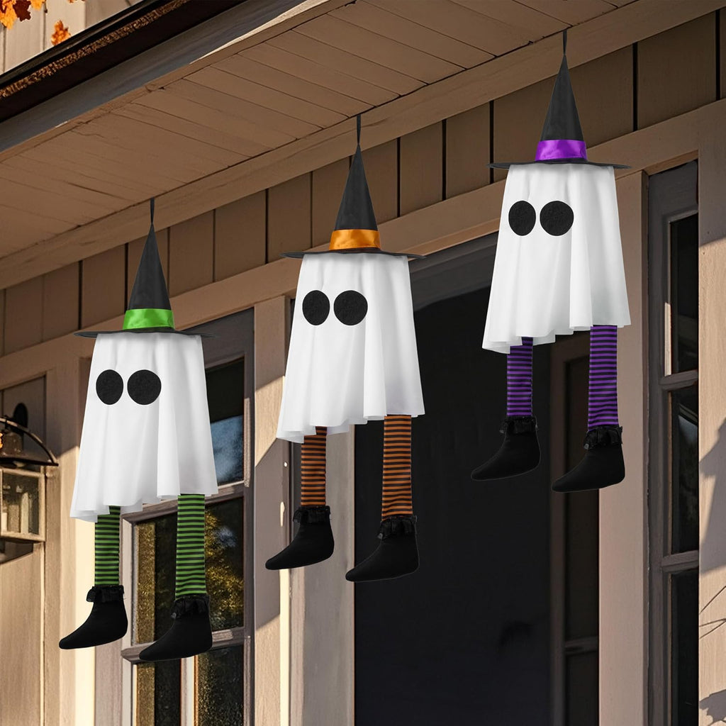JOYIN 17593 3-Pack 23.6-Inch Lighted Hanging Ghosts with Witch Hats – Warm white light with colorful hat – product detail
