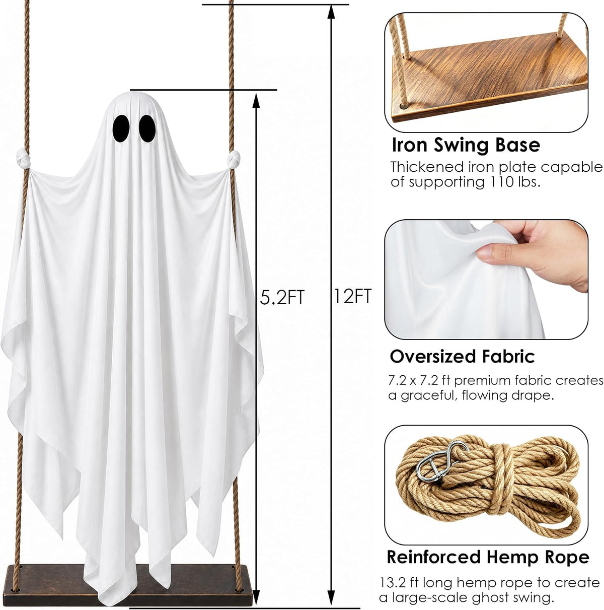 JOROMIT 01 Lighted Hanging Halloween Ghost Swing Decoration – White – product detail