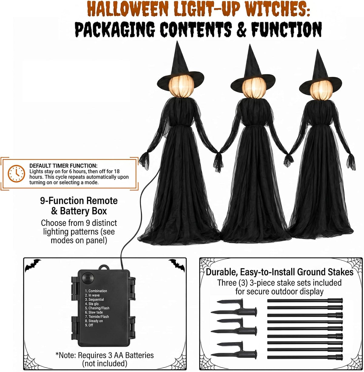 Hourleey 3-Pack 5-Foot Lighted Halloween Witch Stakes – Witch stakes – product detail