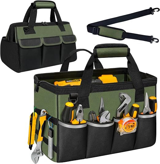 NECKORY QI-065 Wide-Mouth Tool Bag with Shoulder Strap – M, Army Green & Black