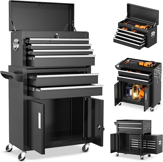 INTERGREAT 8-Drawer Rolling Tool Chest with Detachable Top – 8 Drawers, Black